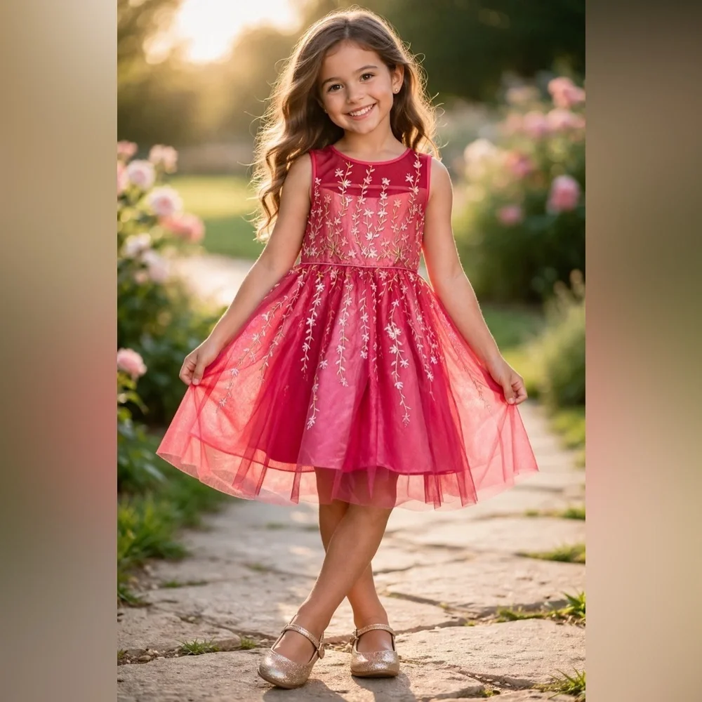 Joan Michelle embroidered Pink fashion party Dress for girls/size 5